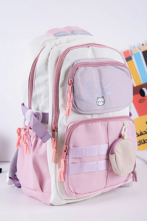 شنطة ظهر مدرسية متعددة الألوان بجيوب متعددة مع محفظة دائرية