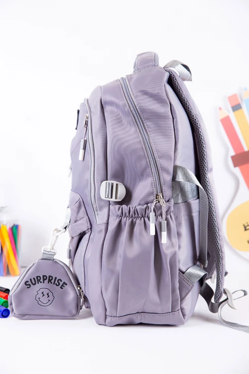 شنطة ظهر مدرسية متعددة الألوان بجيوب متعددة مع محفظة صغيرة