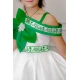 فستان بناتي لليوم الوطني لون أبيض مزين بوردة خضراء و كتابات مطرزة