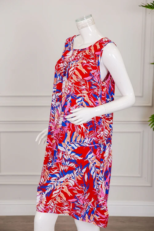 قميص نسائي قصير لون أحمر مشجر ياقة دائرية بدون أكمام