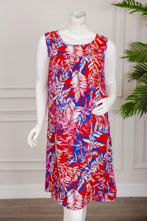 قميص نسائي قصير لون أحمر مشجر ياقة دائرية بدون أكمام