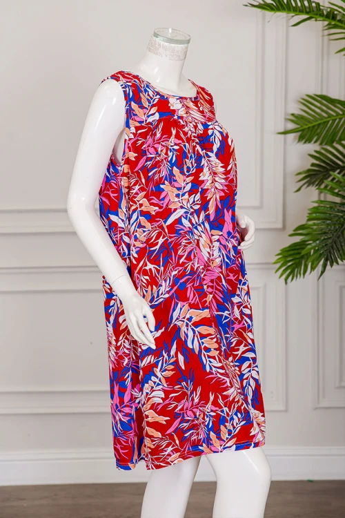 قميص نسائي قصير لون أحمر مشجر ياقة دائرية بدون أكمام