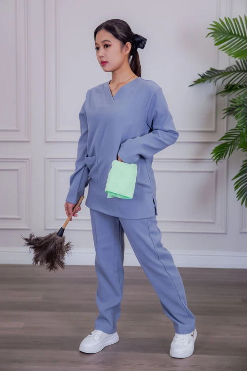 بيجامة عاملة شتوية قطعتين متعددة الألوان بلوزة بياقة قصة سبعة و بجيوب من الأمام مع بنطلون طويل