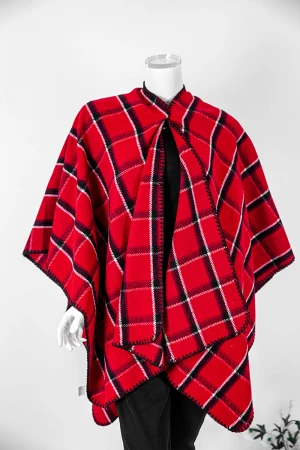 شال شتوي نسائي كاروهات لون أحمر مزين بخيوط باللون الأسود و الأبيض