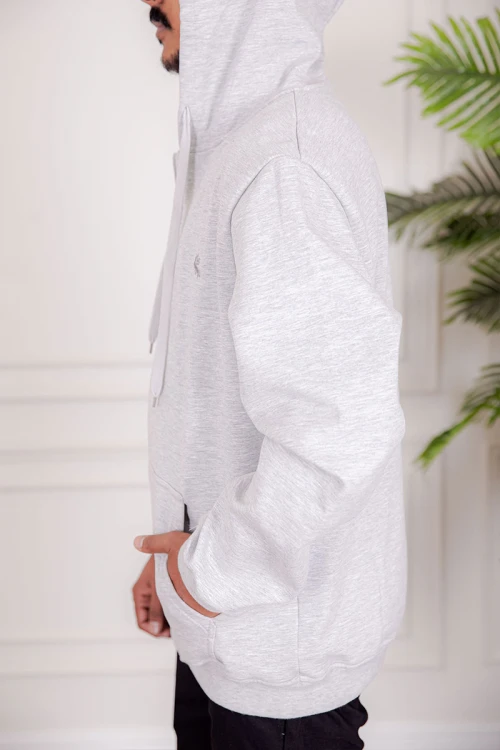 جاكت رجالي شتوي لون رمادي فاتح قبعة متصلة برباط و بسحاب من الأمام مع جيب الكنغر و بأكمام طويلة