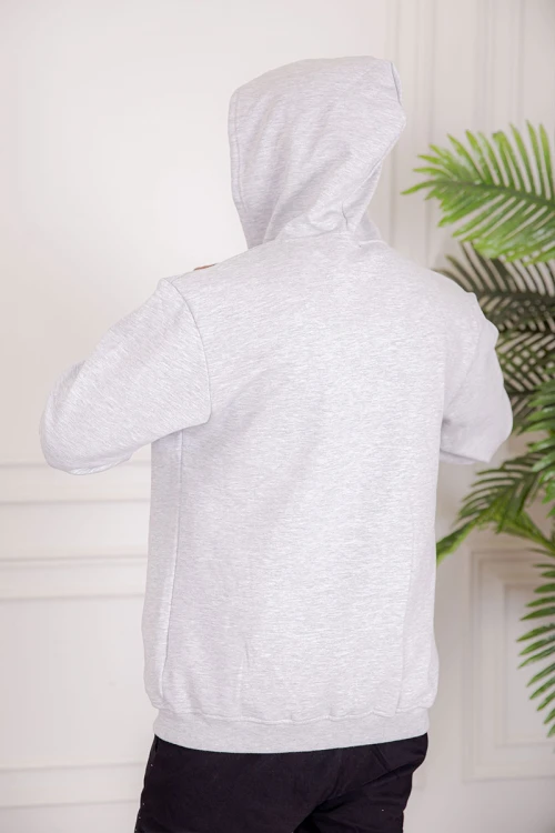 جاكت رجالي شتوي لون رمادي فاتح قبعة متصلة برباط و بسحاب من الأمام مع جيب الكنغر و بأكمام طويلة