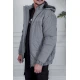 جاكيت رجالي شتوي منفوخ لون رمادي بقبعة رأس منفصلة قابلة للتركيب و أكمام طويلة بجيوب وسحاب من الأمام