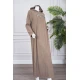 قميص نسائي شتوي طويل لون بني فاتح مزين بكتابات ياقة بقبعة متصلة و بأكمام طويلة