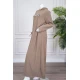 قميص نسائي شتوي طويل لون بني فاتح مزين بكتابات ياقة بقبعة متصلة و بأكمام طويلة