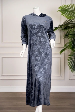 قميص نسائي شتوي طويل لون رصاصي مشجر ياقة بقبعة متصلة و بأكمام طويلة