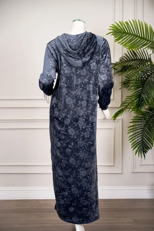 قميص نسائي شتوي طويل لون رصاصي مشجر ياقة بقبعة متصلة و بأكمام طويلة