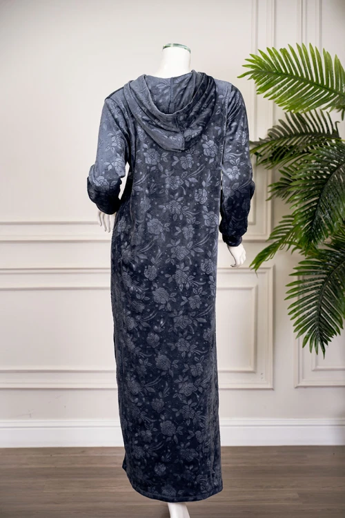 قميص نسائي شتوي طويل لون رصاصي مشجر ياقة بقبعة متصلة و بأكمام طويلة