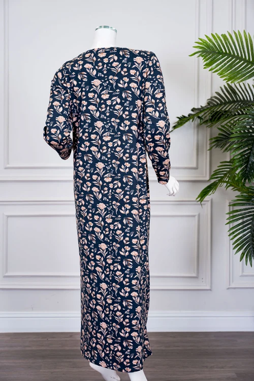 قميص نسائي طويل لون كحلي مشجر بالبيج ياقة دائرية بأزرار و بأكمام طويلة