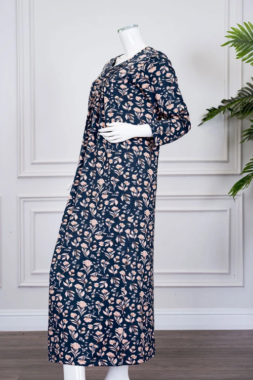 قميص نسائي طويل لون كحلي مشجر بالبيج ياقة دائرية بأزرار و بأكمام طويلة