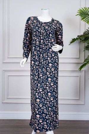 قميص نسائي طويل لون كحلي مشجر بالبيج ياقة دائرية بأزرار و بأكمام طويلة