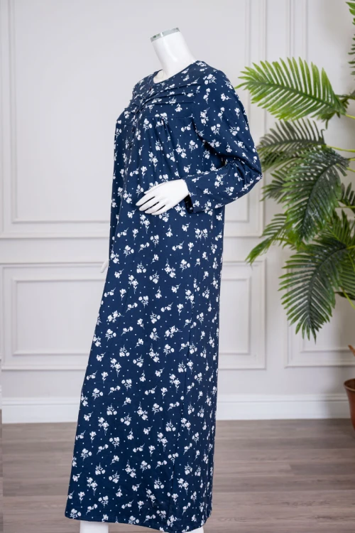 قميص نسائي طويل لون كحلي مشجر ياقة دائرية بأزرار و بأكمام طويلة