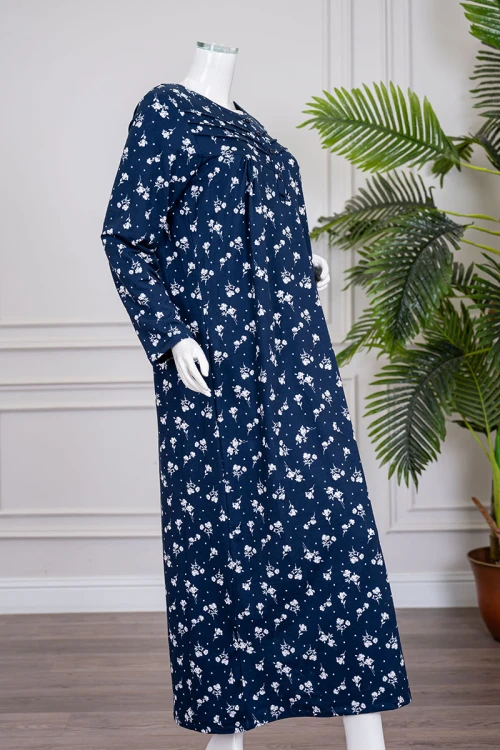 قميص نسائي طويل لون كحلي مشجر ياقة دائرية بأزرار و بأكمام طويلة