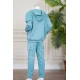 طقم بناتي شتوي قطعتين لون تركواز هودي بقبعة متصلة و بجيوب الكنغر و أكمام طويلة مع بنطلون طويل بجيوب من الجانبين