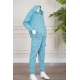 طقم بناتي شتوي قطعتين لون تركواز هودي بقبعة متصلة و بجيوب الكنغر و أكمام طويلة مع بنطلون طويل بجيوب من الجانبين