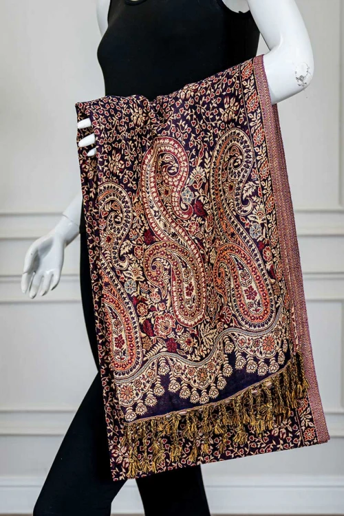 شال كشميري نسائي لون موف بنقوش ملونة