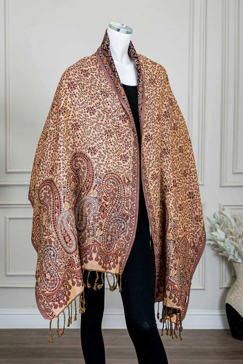 شال كشميري نسائي لون موف بنقوش ملونة