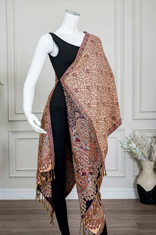 شال كشميري نسائي لون موف بنقوش ملونة