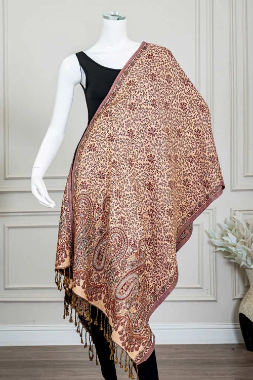 شال كشميري نسائي لون موف بنقوش ملونة