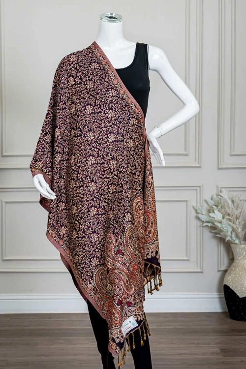 شال كشميري نسائي لون موف بنقوش ملونة