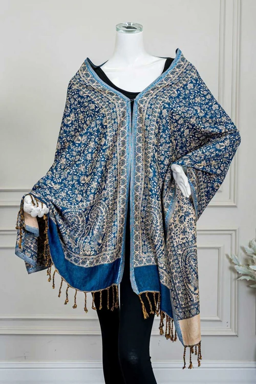 شال كشميري نسائي لون أزرق بنقوش باللون البيج