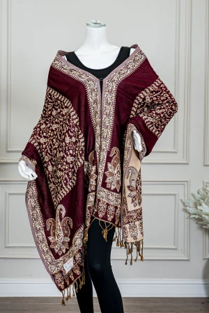 شال كشميري نسائي لون عودي بنقوش باللون البيج 