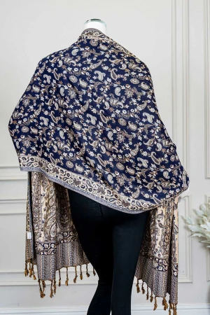 شال كشميري نسائي لون كحلي بنقوش ملونة