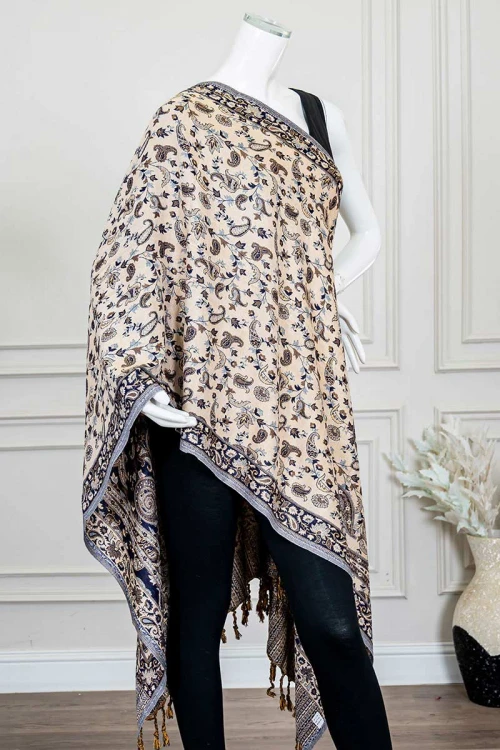 شال كشميري نسائي لون كحلي بنقوش ملونة