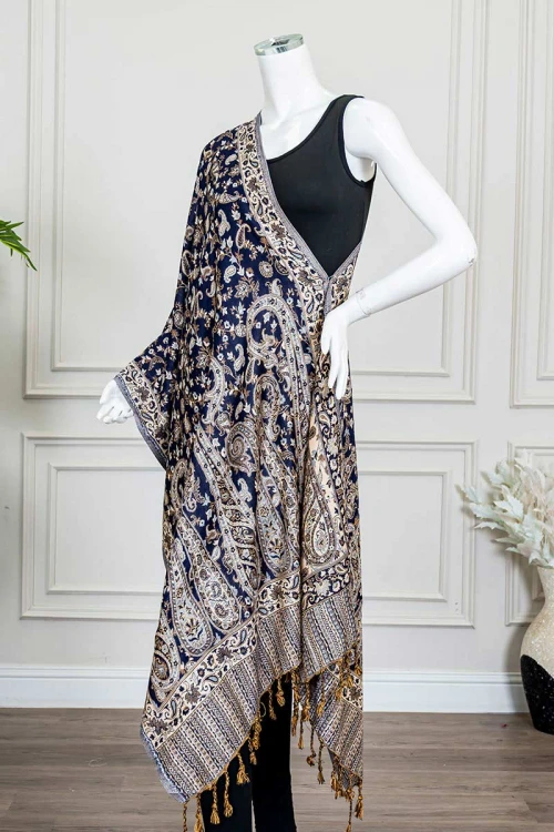 شال كشميري نسائي لون كحلي بنقوش ملونة