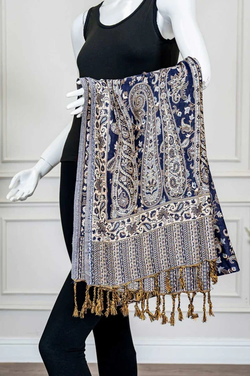 شال كشميري نسائي لون كحلي بنقوش ملونة