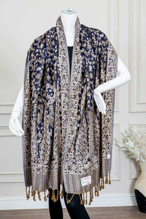 شال كشميري نسائي لون كحلي بنقوش ملونة