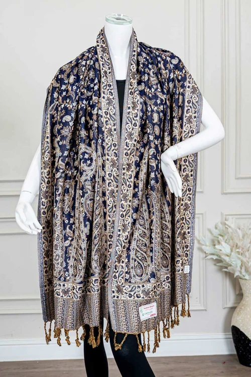 شال كشميري نسائي لون كحلي بنقوش ملونة