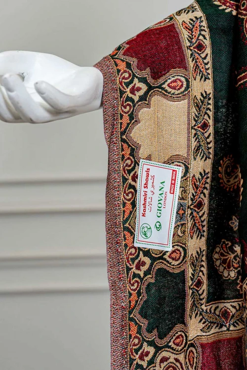 شال كشميري نسائي لون أخضر بنقوش ملونة