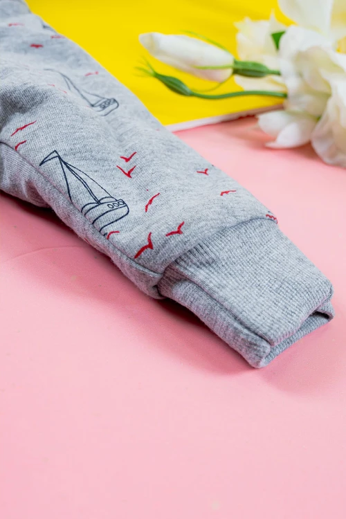 بلوفر أطفال شتوي مبطن لون رمادي مزين برسومات قبعة متصلة بسحاب و جيوب من الأمام و بأكمام طويلة