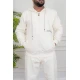 طقم رجالي شتوي قطعتين لون اوف وايت ببلوفر هودي قبعة متصلة برباط و بسحاب و جيوب أمامية مع بنطلون طويل بجيوب من الجانبين