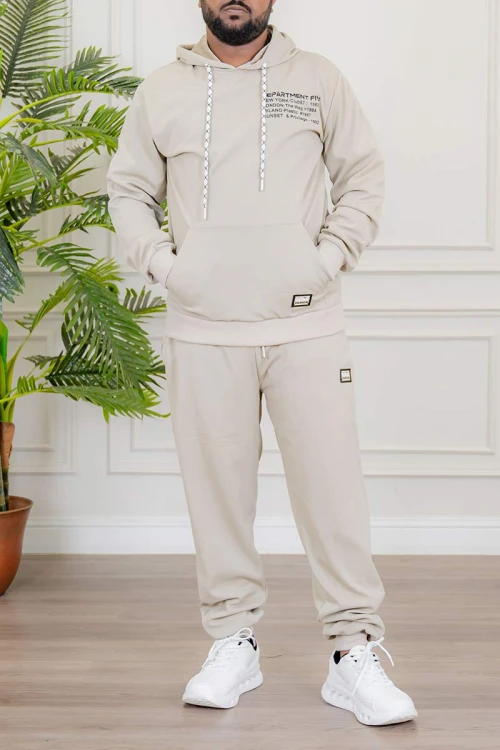طقم-رجالي-شتوي-قطعتين-لون-بيج-ببلوفر-هودي-قبعة-متصلة-