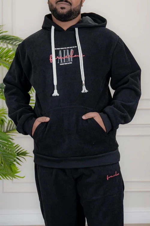 طقم-رجالي-شتوي-قطعتين-لون-أسود-ببلوفر-هودي-قبعة-متصلة