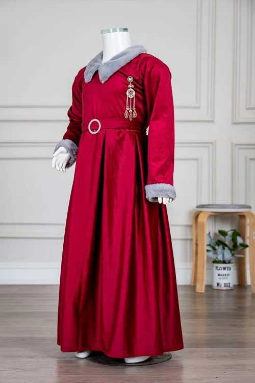 فستان-بناتي-طويل-متعدد-الألوان-مزين-بالفرو-في-الياقة-