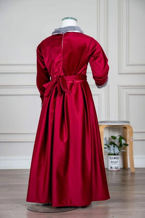 فستان-بناتي-طويل-متعدد-الألوان-مزين-بالفرو-في-الياقة-