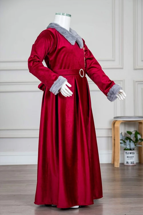 فستان-بناتي-طويل-متعدد-الألوان-مزين-بالفرو-في-الياقة-