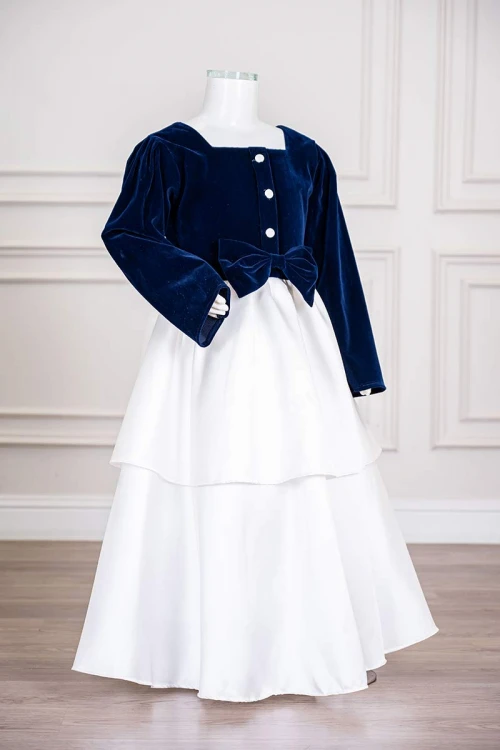 فستان بناتي طويل متعددة الألوان مزين بأزرار و فيونكة من الأمام ياقة مربعة و بأكمام طويلة و رباط في الخلف