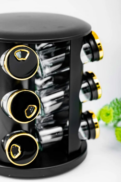 حامل توابل لون أسود و ذهبي من الفولاذ المقاوم للصدأ مع 12 عبوة زجاجية بغطاء محكم و بقاعدة دوران 360 درجة