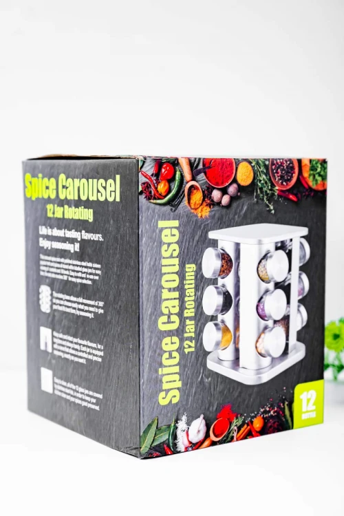 حامل توابل لون أسود و ذهبي من الفولاذ المقاوم للصدأ مع 12 عبوة زجاجية بغطاء محكم و بقاعدة دوران 360 درجة