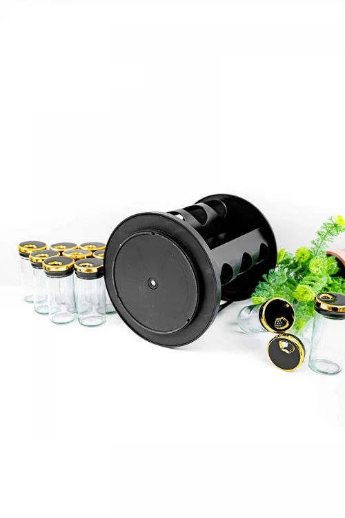 حامل توابل لون أسود و ذهبي من الفولاذ المقاوم للصدأ مع 12 عبوة زجاجية بغطاء محكم و بقاعدة دوران 360 درجة