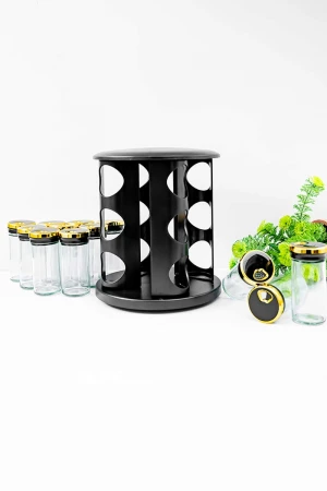 حامل توابل لون أسود و ذهبي من الفولاذ المقاوم للصدأ مع 12 عبوة زجاجية بغطاء محكم و بقاعدة دوران 360 درجة