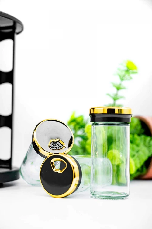 حامل توابل لون أسود و ذهبي من الفولاذ المقاوم للصدأ مع 12 عبوة زجاجية بغطاء محكم و بقاعدة دوران 360 درجة